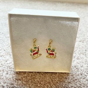 Santa’s Sleigh Christmas Earrings Gold Red and Green